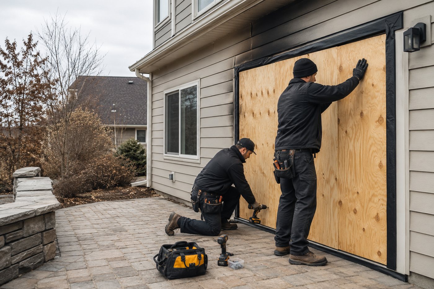 Plywood being fitted over a fire-damaged patio door opening, with one technician drilling at ground level