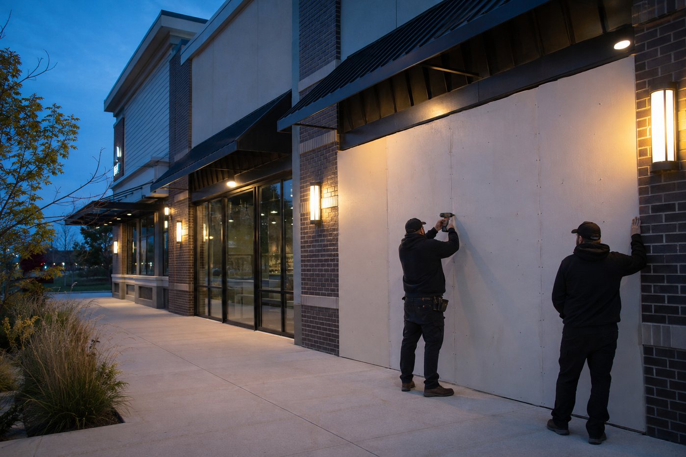 Two technicians fitting a board over a commercial storefront window at dusk
