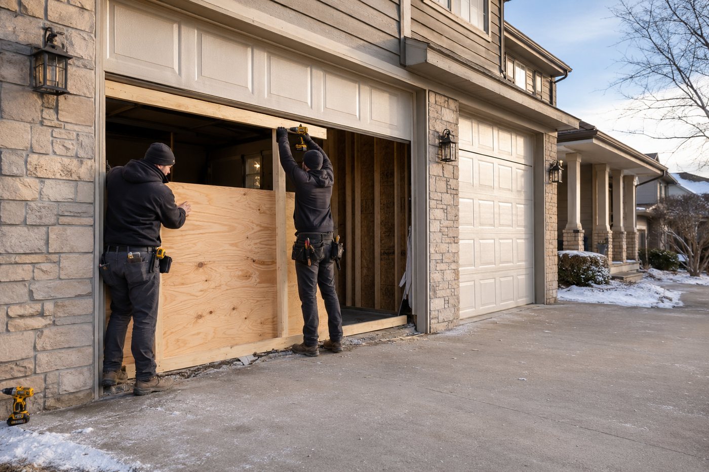 Two technicians fitting plywood across a damaged garage opening on a snow-lined driveway